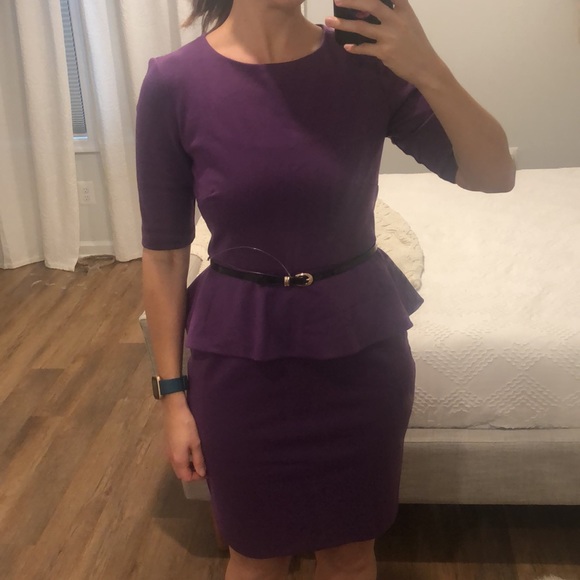 ECI | Dresses | Nwt Purple Stretch Peplum Knee Length Pencil Skirt Dress  With Black Belt | Poshmark